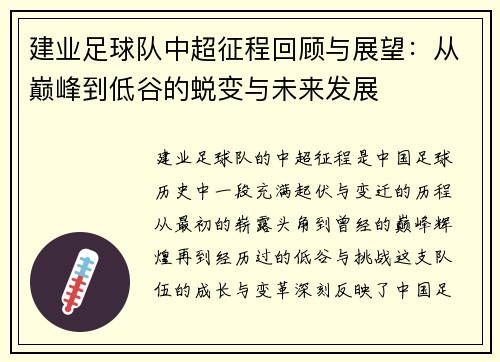 建业足球队中超征程回顾与展望:从巅峰到低谷的蜕变与未来发展